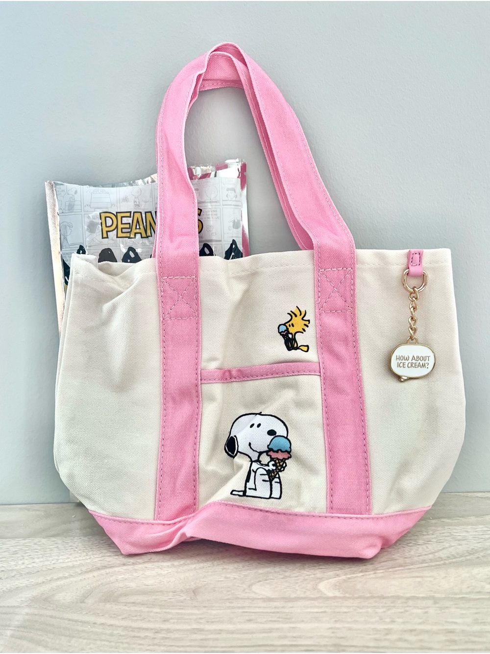 Peanuts Snoopy Mini Canvas Tote Bag | Snoopy Ice Cream | Pink